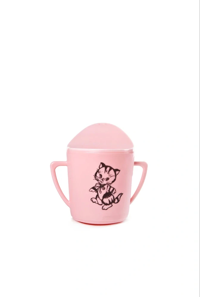 Plastový kojenecký hrnček s uškami 150 ml, ružová mačka